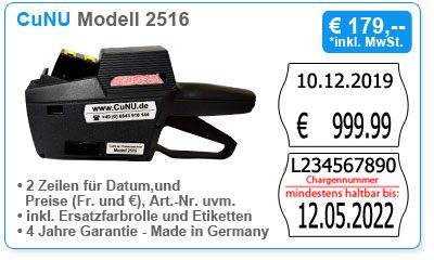 CuNU Modell 2516 - zweizeiliger Preisauszeichner für Datum, Preis und Nummern